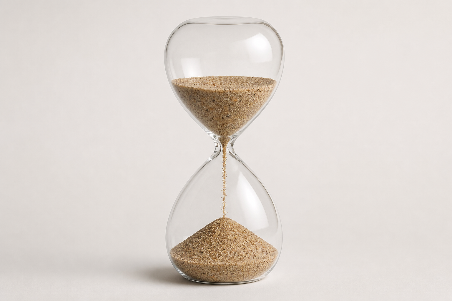 Transparente Sanduhr mit oberer Kammer, enger Verbindung und Material in der unteren Kammer
