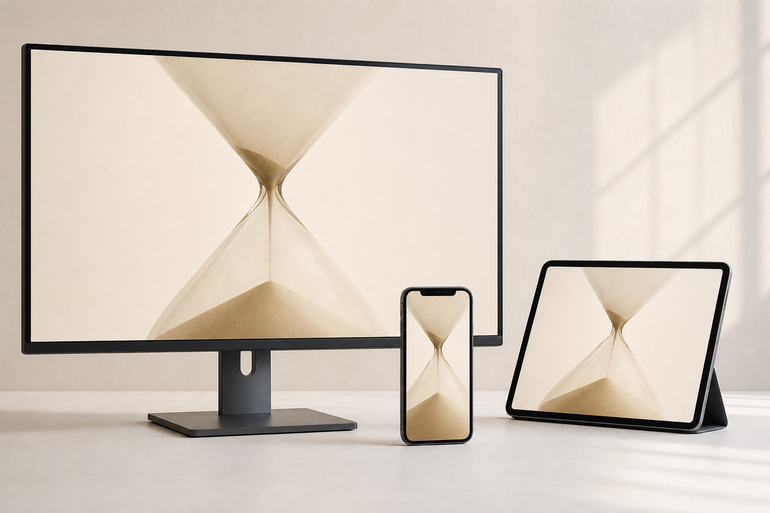 Sanduhr-Motiv auf einem Monitor im Querformat sowie auf Smartphone und Tablet in unterschiedlichen Ausrichtungen