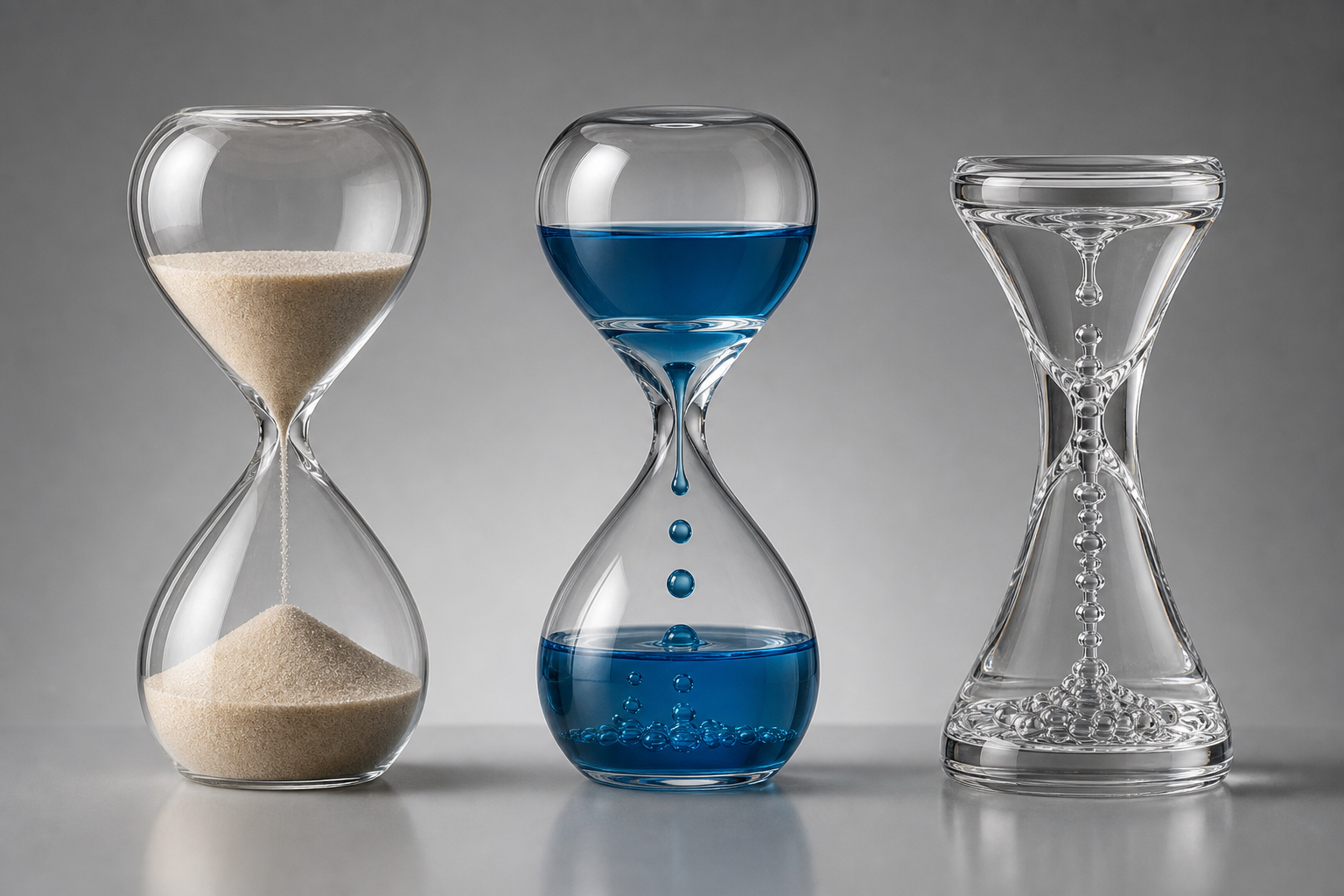 Vergleich einer klassischen Sanduhr mit einem Tropfenmodell und einer paradoxen Sanduhr