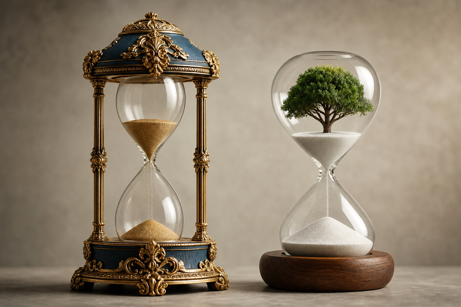 Vergleich einer barocken Sanduhr in Gold und Blau mit einer Sanduhr mit grünem Baum und Holzsockel