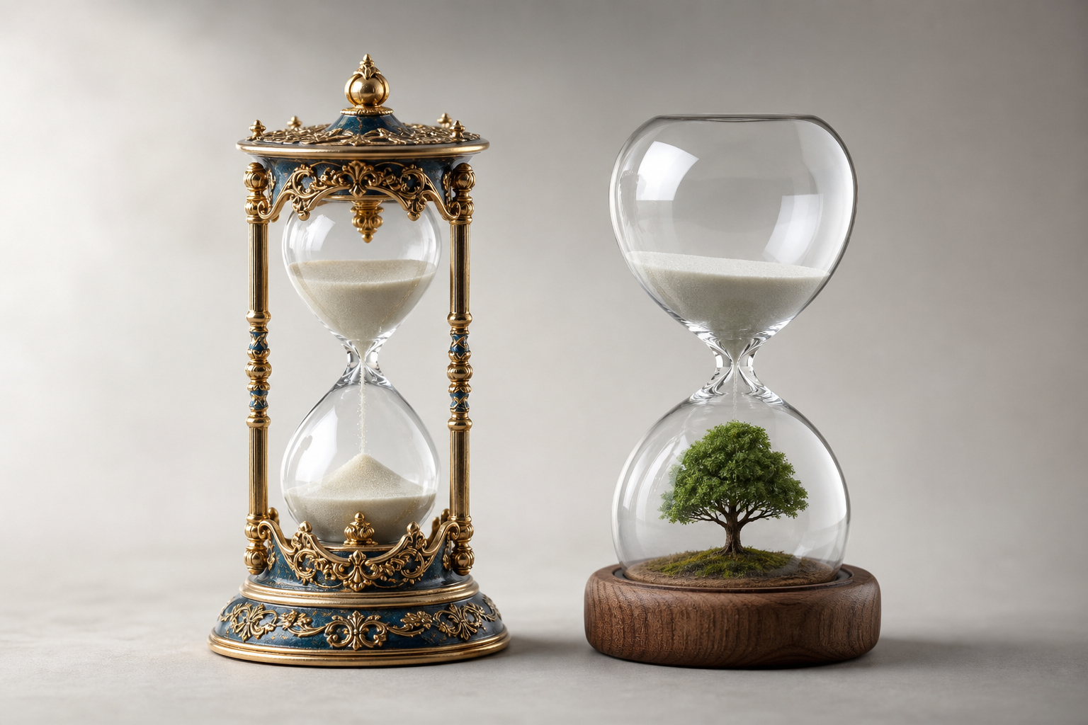 Zwei dekorative Sanduhren als visuelle Auswahl, eine mit gold-blauem Gestell und eine mit grünem Baum und Holzsockel