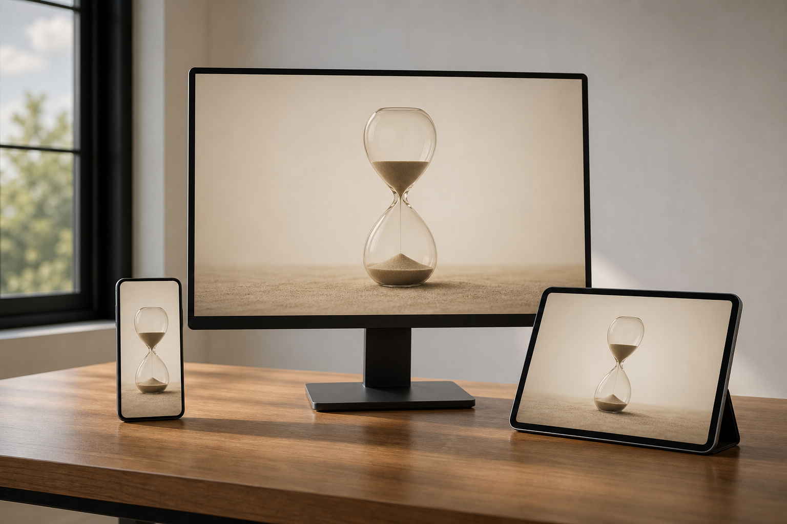 Desktop, Smartphone und Tablet mit einem Sanduhr-Hintergrundbild während der Einrichtung