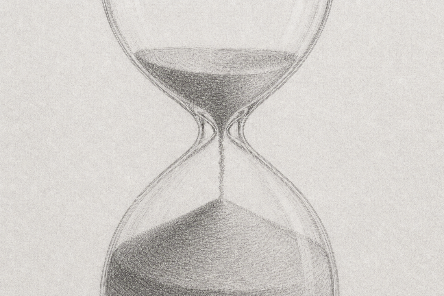 Bleistiftzeichnung einer Sanduhr mit oberen und unteren Sandablagerungen und schmalem Sandstrom