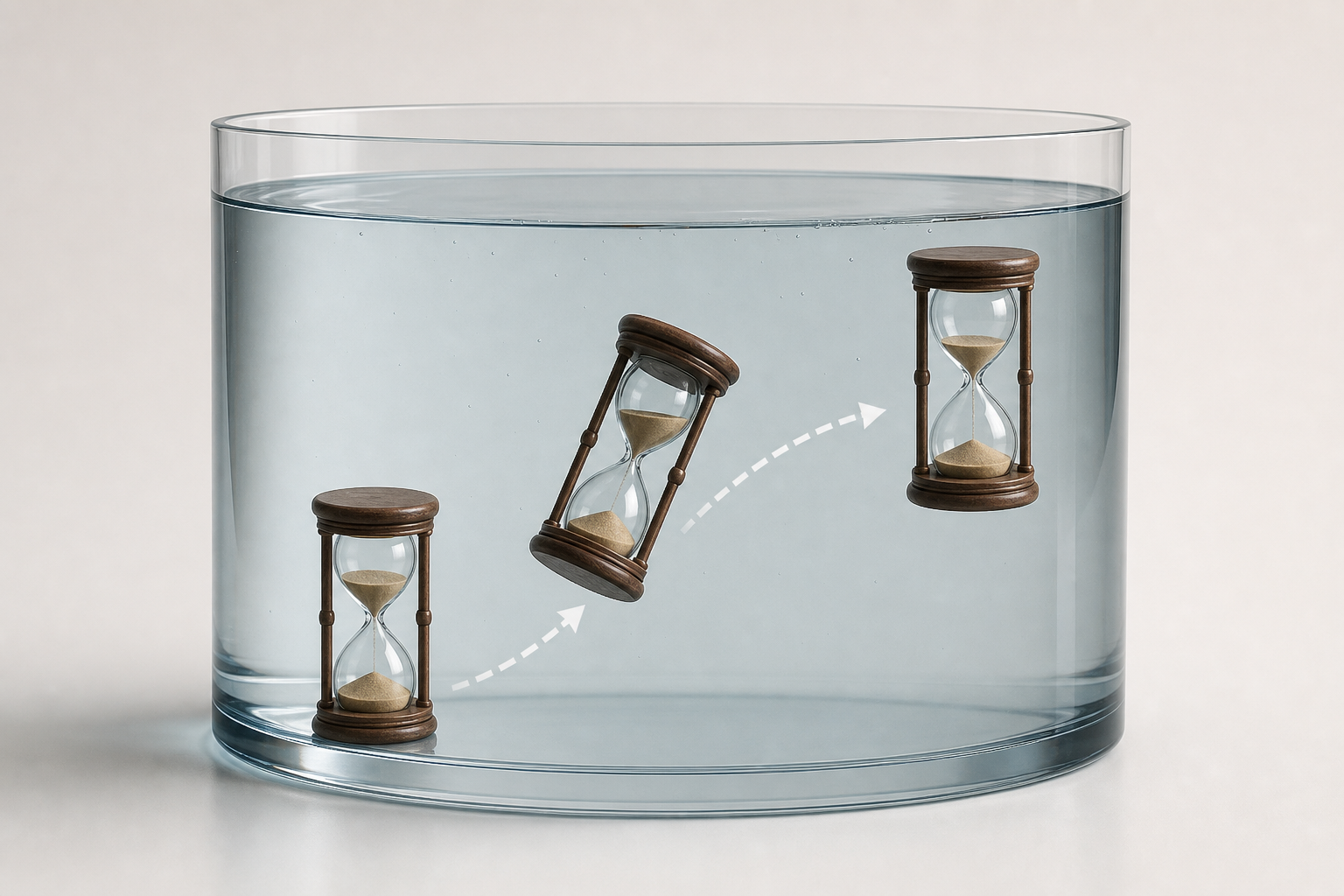 Schräg liegende schwimmende Sanduhr an der Wand eines Wasserzylinders