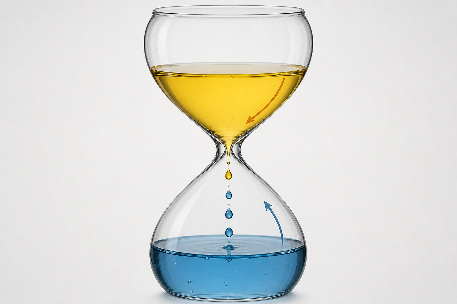 Flüssigkeitstropfen bewegen sich in einer transparenten Sanduhr nach oben