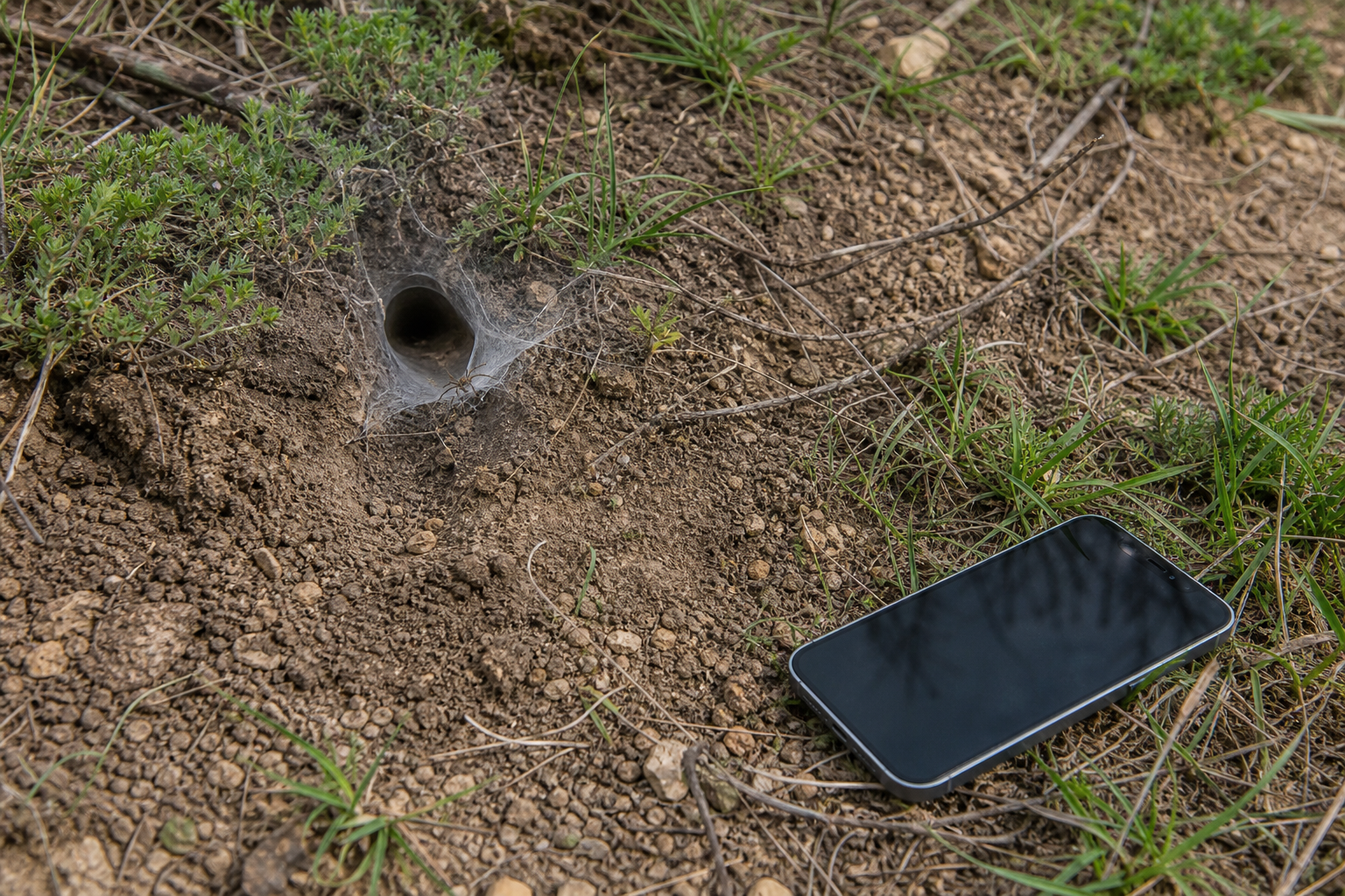 Spinne an einer Erdöffnung mit Abstand zu einem am Boden liegenden Mobiltelefon