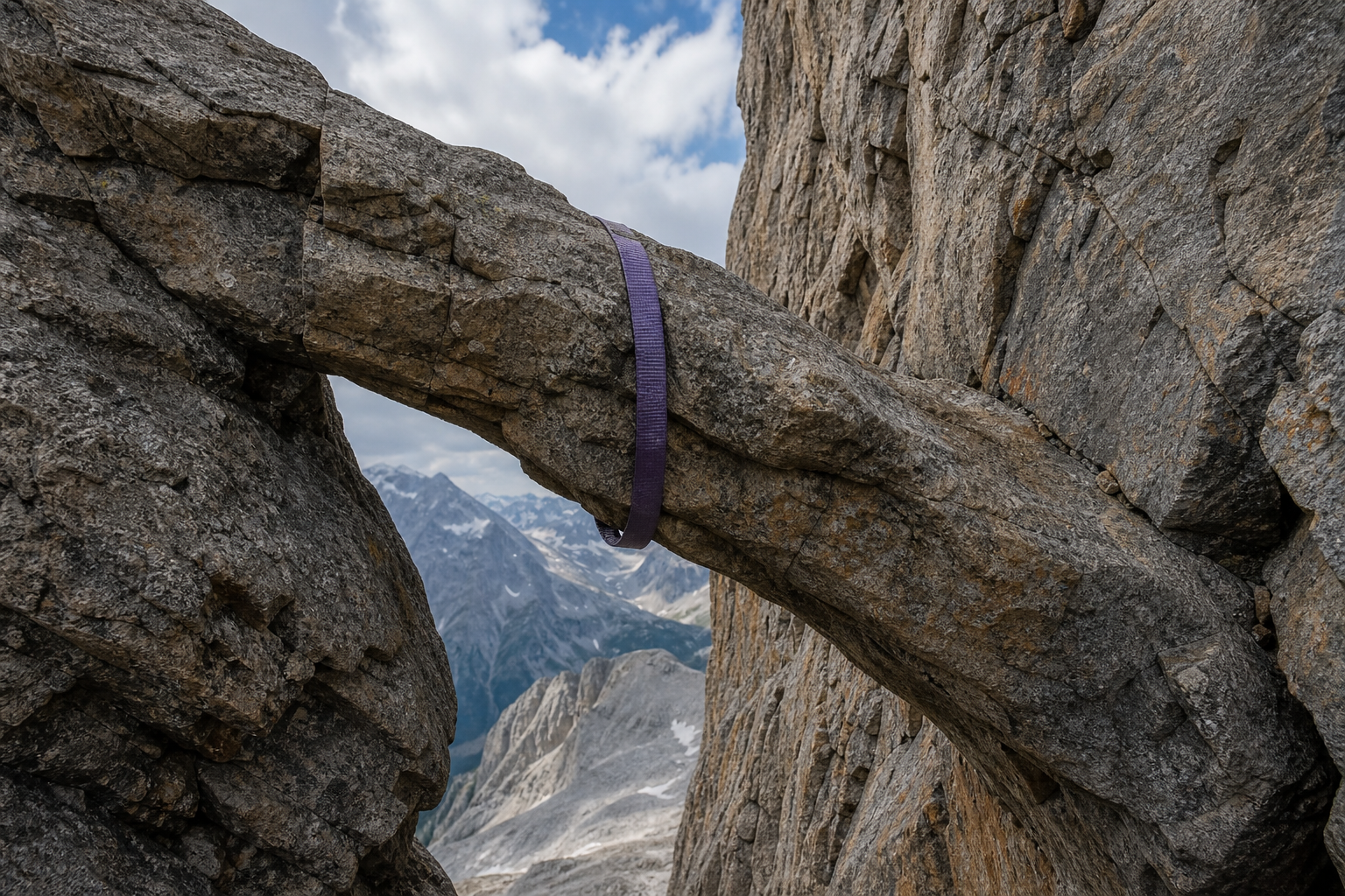 Natürliche Felsbrücke mit Schlinge in einer alpinen Felswand
