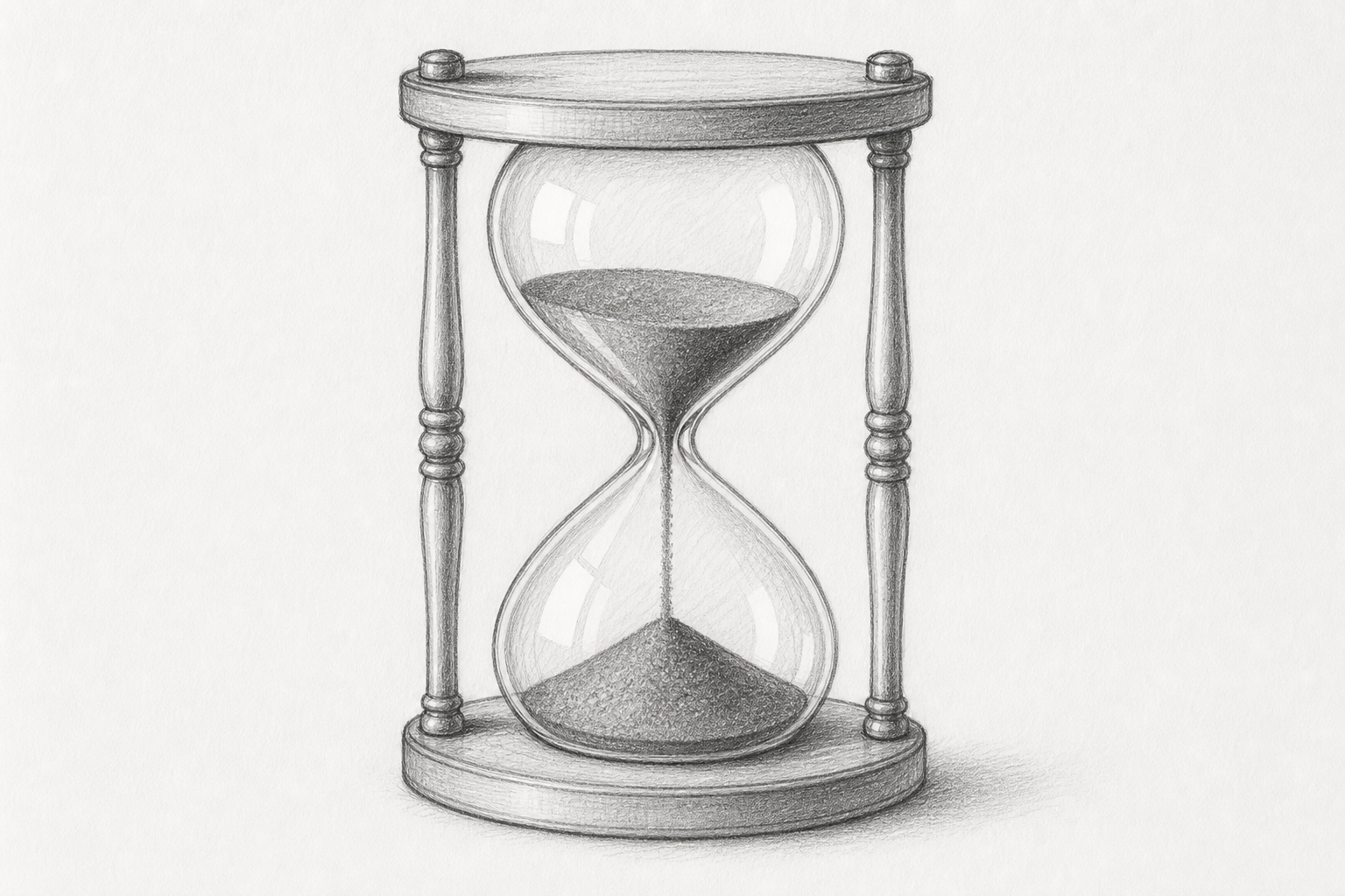 Bleistiftzeichnung einer Sanduhr mit hellen Glasflächen, Randkontrasten und ausgesparten Reflexen