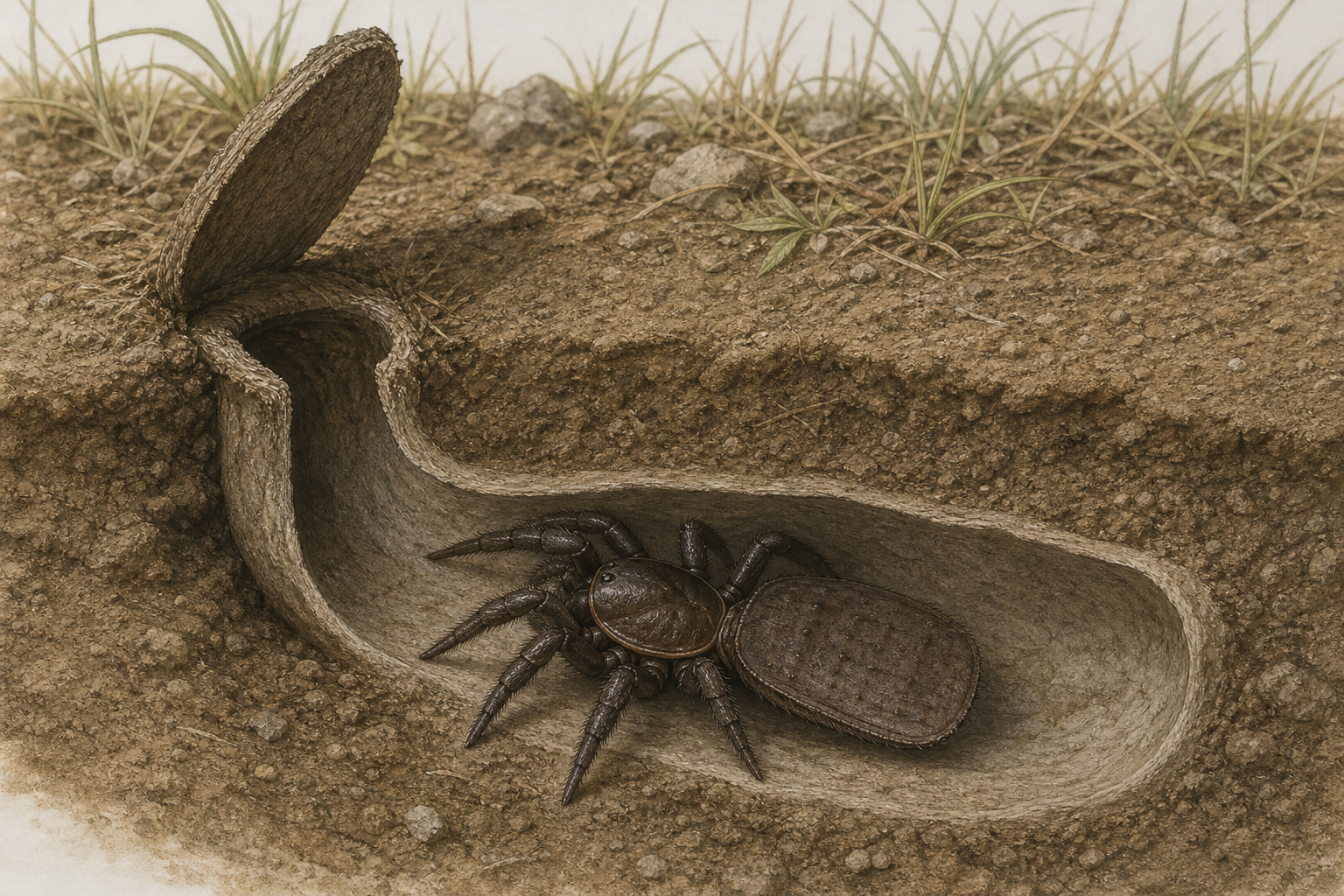 Illustration einer röhrenbewohnenden Spinne mit abgeflachtem Hinterleib neben einer unterirdischen Wohnröhre